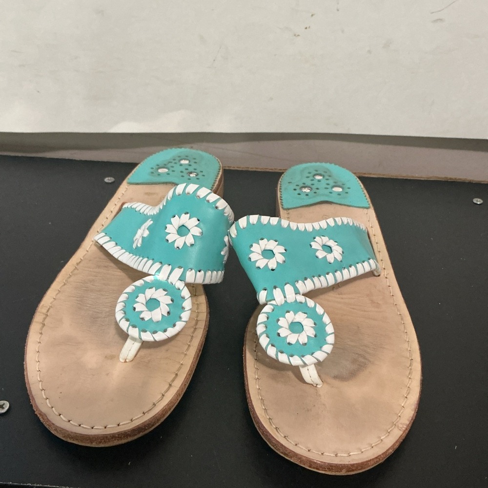 Jack Rogers Sandals Womens 9 Blue Leather Thong Medallion Whipstitch Shoes